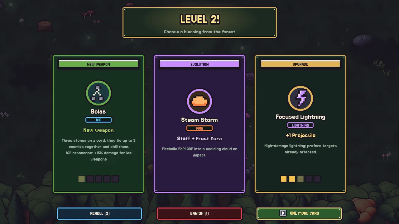 Level-up screen with three cards: Bolas, Steam Storm and Focused Lightning